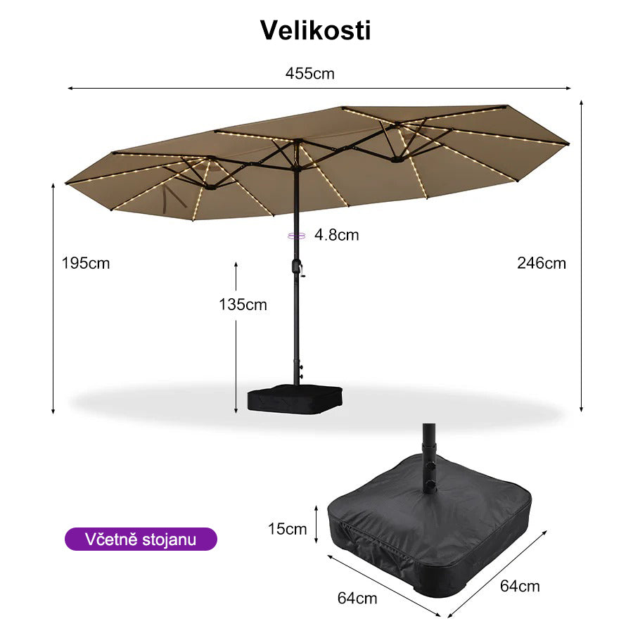 PURPLE LEAF Dwustronny prostokątny parasol ogrodowy z oświetleniem LED i podstawą, duży parasol na taras i do ogrodu