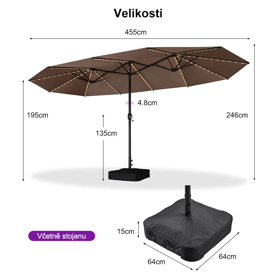 PURPLE LEAF Dwustronny prostokątny parasol ogrodowy z oświetleniem LED i podstawą, duży parasol na taras i do ogrodu